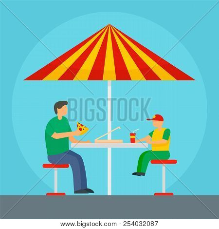 father son eat pizza
