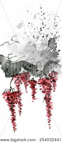 Watercolor And Ink Illustration Of Tree Branch With Red Flowers, Grunge Watersplashes Texture Backgr
