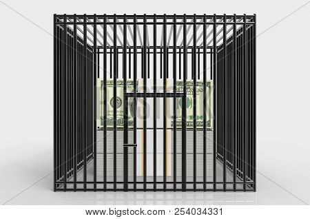 3d Rendering. Us Dollar Banknote Stack Trapped In Black Cage. Boycott Currency Concept.