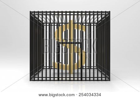 3d Rendering. Golden Us Dollar Currency Sign Trapped In Black Cage, Boycott Concept.