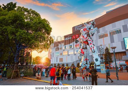 Tokyo, Japan - April 20 2018: Full-size Mobile Suit  Rx-0 Unicorn Gundam Replica From The Mobile Sui
