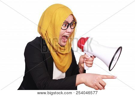 Young Businesswoman Angry, Screaming Using Megaphone