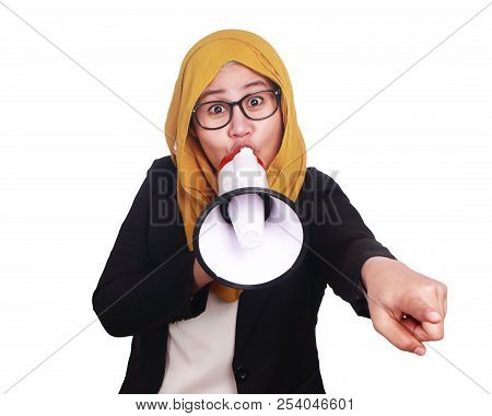 Young Businesswoman Screaming Using Megaphone