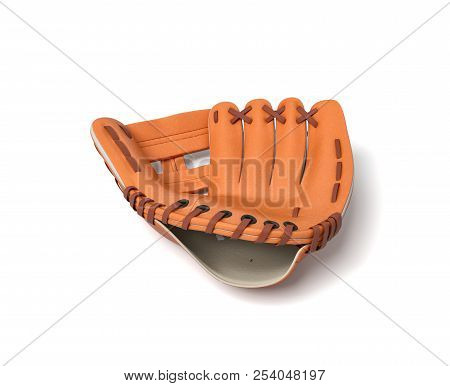3d Rendering Of A Single Orange Baseball Glove Lying On A White Background.