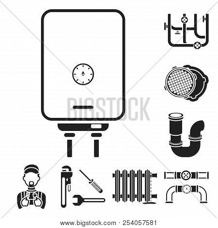 Plumbing, Fitting Black Icons In Set Collection For Design. Equipment And Tools Vector Symbol Stock 