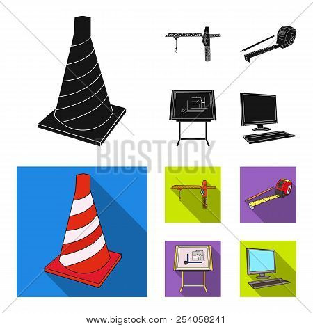 Construction Crane, Measuring Tape Measure, Drawing Board, Computer. Architecture Set Collection Ico