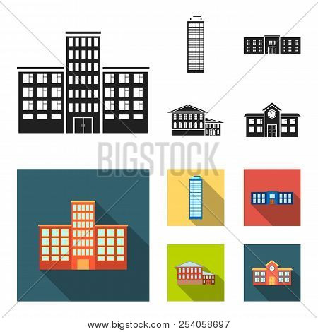 Skyscraper, Police, Hotel, School.building Set Collection Icons In Black, Flat Style Vector Symbol S
