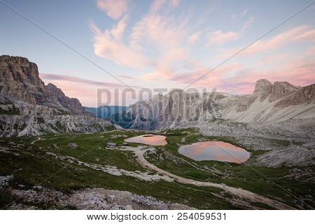 Lake Lago Dei Piani At Sunset, Tre Cime, Italian Dolomites