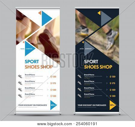 Design Of A Universal Vector Roll-up Banner With Triangular Elements And A Place For Photos. Templat