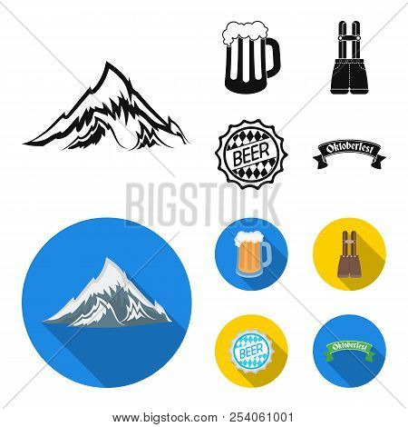 Shorts With Suspenders, A Glass Of Beer, A Sign, An Emblem. Oktoberfest Set Collection Icons In Blac