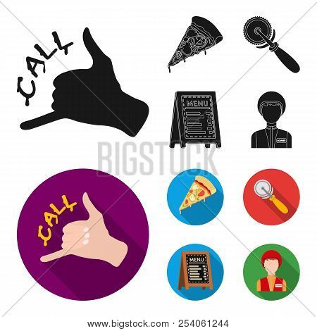 A Pizza Cutter, A Slice, A Menu In A Pizzeria, A Courier. Pizza And Pizzeria Set Collection Icons In