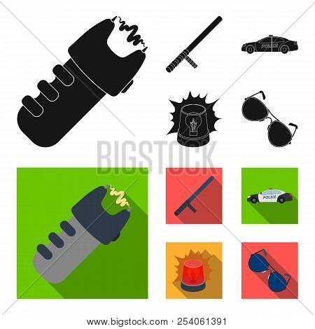 Police Baton, Auto, Flasher, Glasses.police Set Collection Icons In Black, Flat Style Vector Symbol 