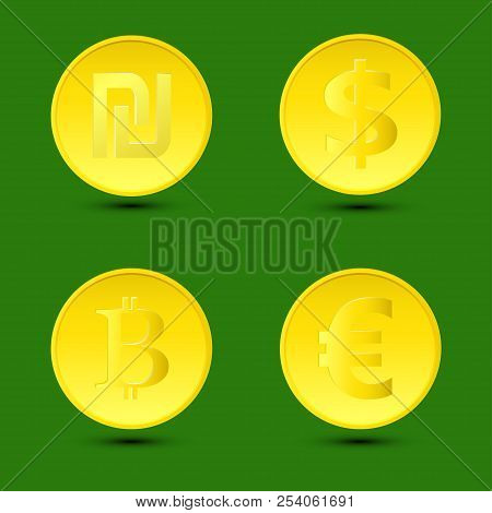 Vector Illustration. A Set  Gold Coins With Shadows On The Isolated Green Background.