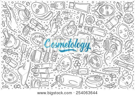 Hand Drawn Cosmetology Set Doodle Vector Background
