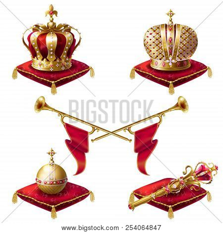 Royal Golden Crowns With Jewels, Fanfares, Scepter And Orb On Red Velvet Pillows, Set Of Realistic I