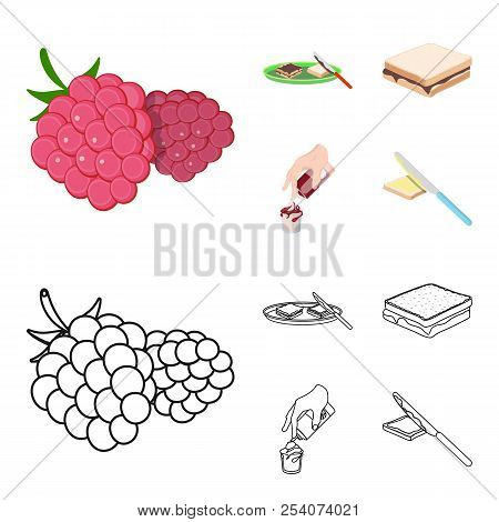 Dessert With Cream, A Sandwich And Other Food. Food Set Collection Icons In Cartoon, Outline Style V
