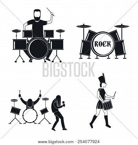 Drummer Drum Rock Musician Icons Set. Simple Illustration Of 4 Drummer Drum Rock Musician Icons For 