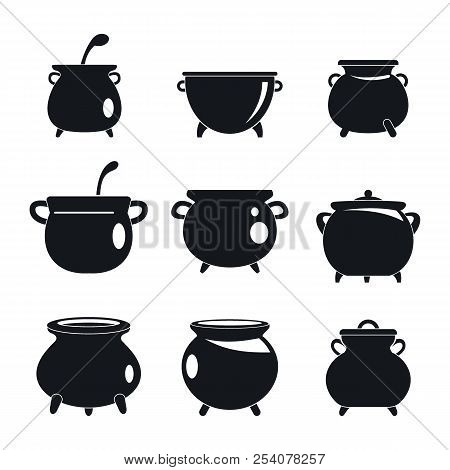 Cauldron Pot Kettle Halloween Icons Set. Simple Illustration Of 9 Cauldron Pot Kettle Halloween Icon
