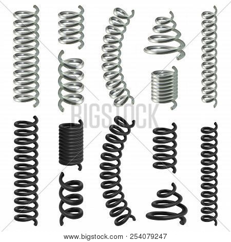 Coil Spring Flexible Cable Mockup Set. Realistic Illustration Of 14 Coil Spring Flexible Cable Mocku