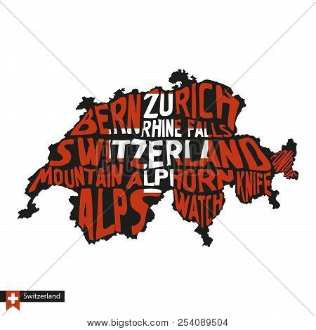 Typography Map Silhouette Of Switzerland In Black And Flag Colors. Vector Illustration.