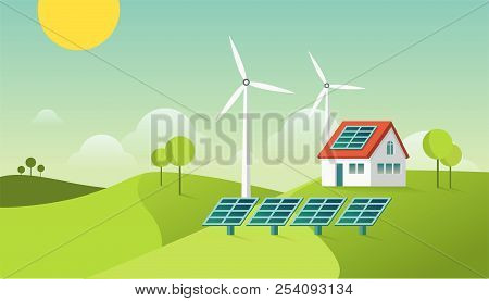Eco Friendly Modern House. Green Energy Illustration. Solar And Geothermal Power. Concept.