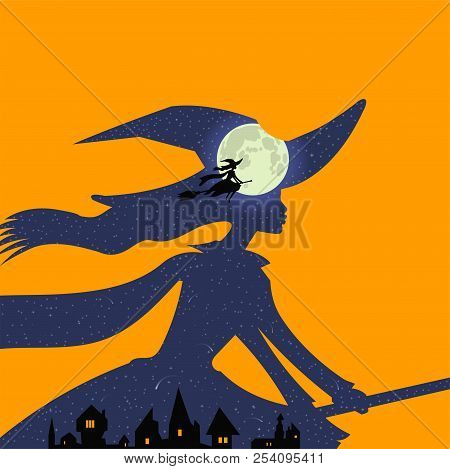 Halloween Theme: Double Exposure, Beautiful Witch Flies On Broomstick Over Town, Blue Night Sky And 