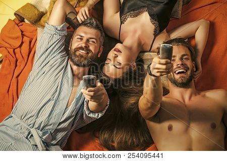 Family Trust, Polygamy, Betrayal. People Lovers With Remote Controle. Love Triangle And Romance, Per