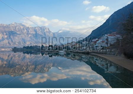 Beautiful Winter Mediterranean Landscape - Mountains, Blue Sky With White Clouds And Reflection In T