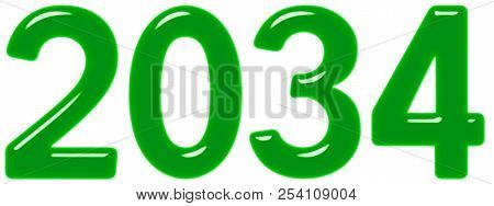 Inscription 2034 From Green Glass Or Plastic, Isolated On White Background, 3d Render