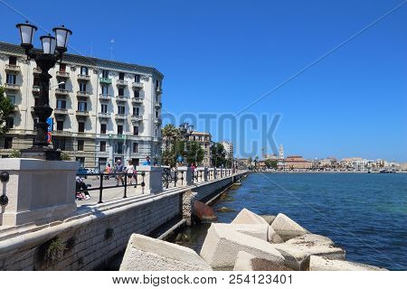 Bari, Italy - May 28, 2017: People Visit Lungomare Boulevard In Bari, Italy. Bari Is The Capital Cit
