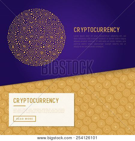 Cryptocurrency Concept In Circle With Thin Line Icons: Bitcoin, Ethereum, Ripple, Litecoin, Dash, Ne
