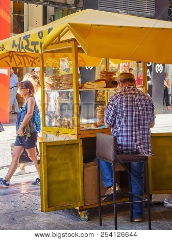Koulouri Stall In A Street Of Athens. Attica Region, Greece.