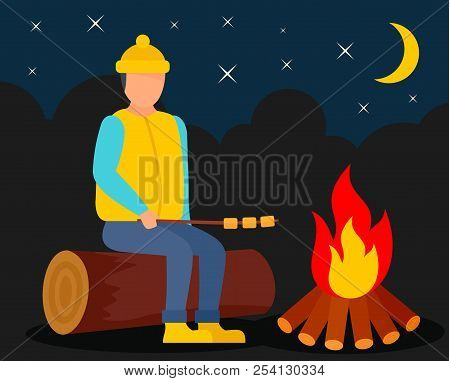 Boy At Camp Fire Background. Flat Illustration Of Boy At Camp Fire Background For Web Design