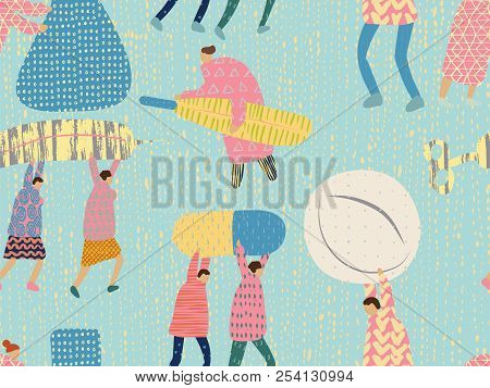 Medical People Seamless Pattern. Healthcare Print. Eldery Person With Pills, Syringe, Needle, Retort