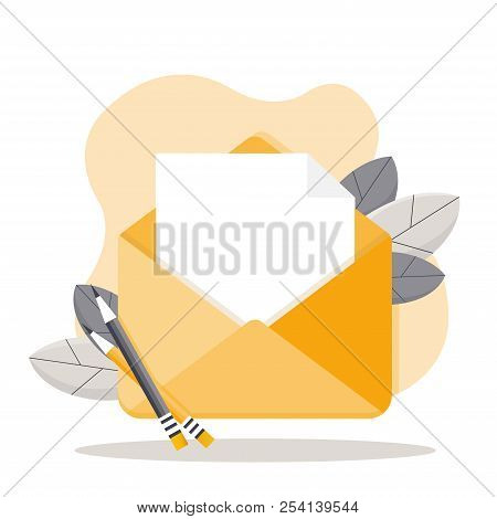 Open Envelope And Blank Document. A New Message. Flat Illustration.