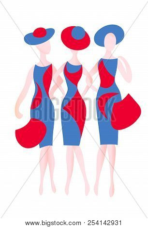 Three Women In Summer Red And Blue Dresses And Hats With Bags. Triangles Bright Background. Vector C