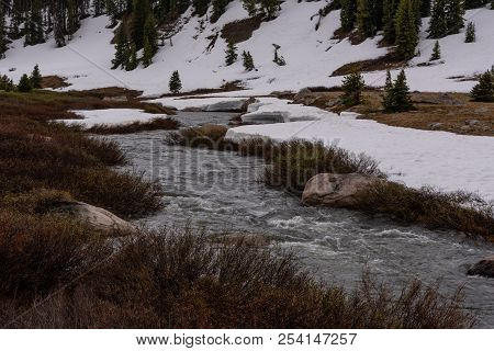 Beartooth River Rushes Along Snowy Bank In Late Spring