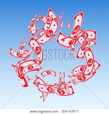 British Pound Notes Falling. Messy Gbp Bills On Blue Sky Background. United Kingdom Money. Authentic
