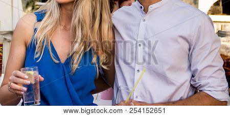 A Loving Couple, A Girl In Blue With Red Lipstick And A Man In White With Glasses In Hands. Part Of 