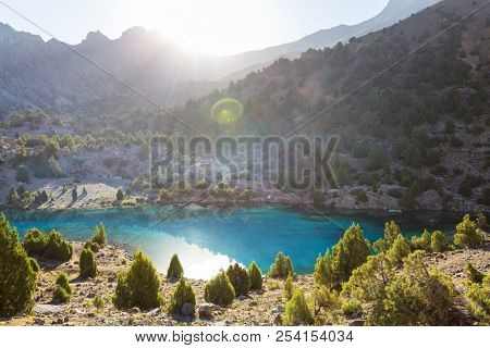 Beautiful serene lake in  Fann mountains (branch of Pamir) in Tajikistan.