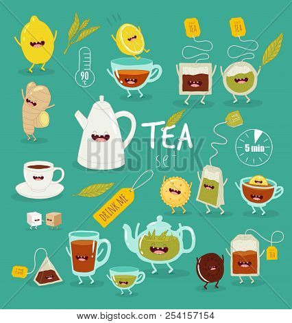 Animated Tea Accessories Invite To Drink Tea.