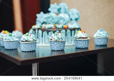 Blue Cacke For Birthday Stars On Table