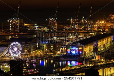 Genoa (genova) , Italy, December 28, 2016 - Night View Of The Ancient Harbor, City Of Genoa, Italy/ 