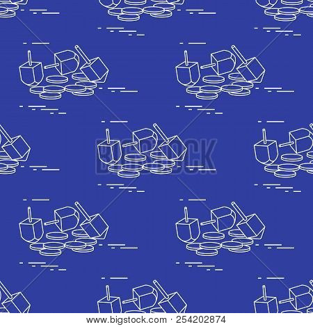 Seamless Pattern With Dreidel, Sevivon, Coins. Jewish Holiday Hanukkah. Child Game.