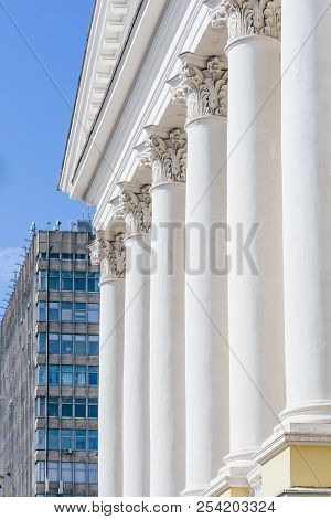 Front Of Old Buildig With Columns And Skyscrapper On Background. Alexander Butlerov Chemistry Instit