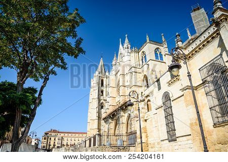 Leon Obispado Facade In Plaza Regla Square Beside Cathedral At Castilla Spain
