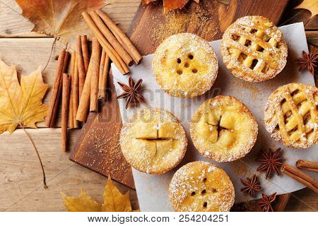 Set Of Different Mini Apple Pies Decorated Sugar Powder And Cinnamon On Wooden Board Top View. Autum
