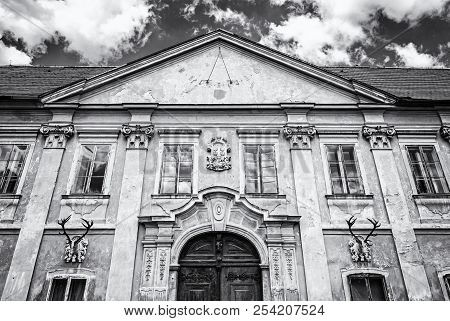 Marchegg Castle, Austria. Architectural Scene. Travel Destination. Black And White Photo.