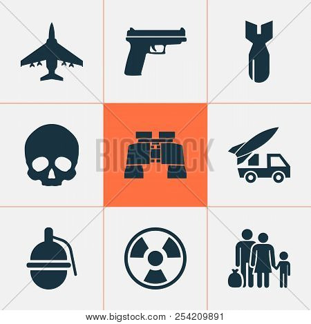 Combat Icons Set With Gun, Refugee, Skull And Other Ordnance Elements. Isolated  Illustration Combat