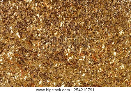 Golden Glitter Texture, Abstract Background On Macro.